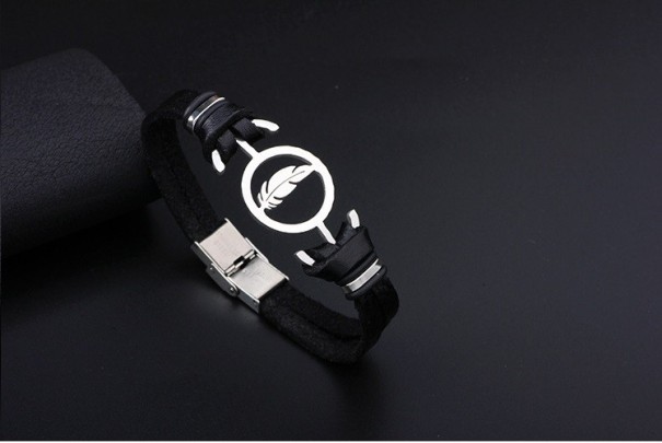 Bracelet pour femmes en cuir véritable avec plume J550 noir