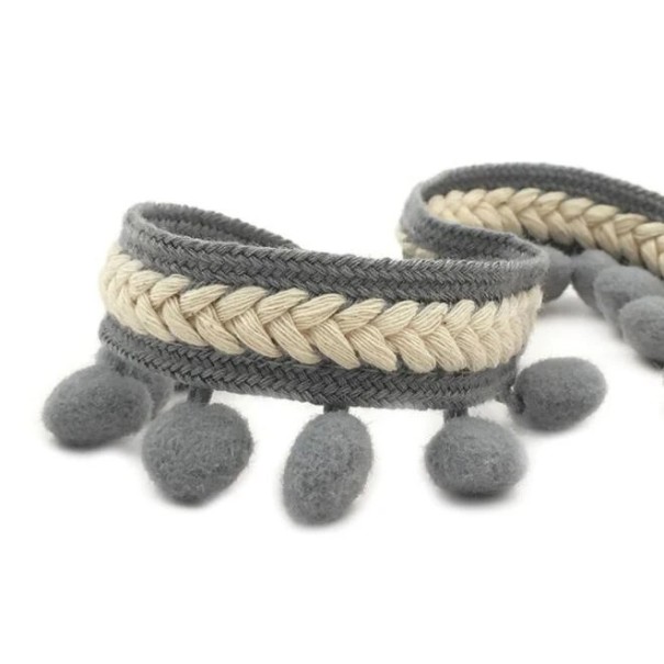 Braided Ribbon with Round Fringes 6 cm x 91 cm Decorative Textile Ribbon Polyester and Cotton Ribbon for Sewing Decorations DIY Crafts grey