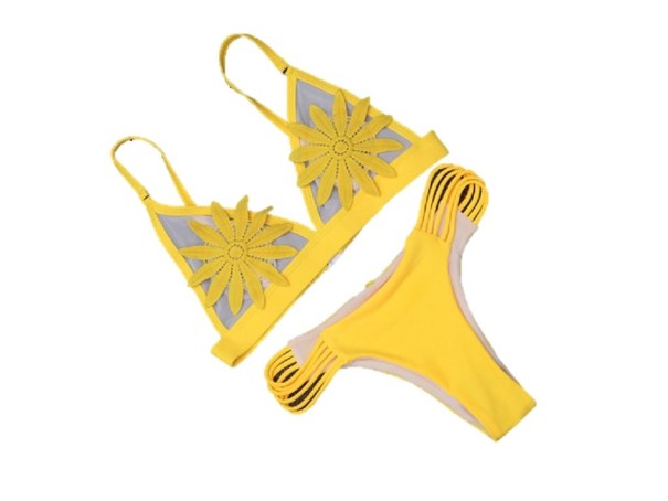 Brasilianischer Damen-Bademode mit Blumen auf den Körbchen J1693 gelb L