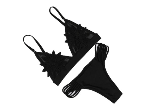 Brasilianischer Damen-Bademode mit Blumen auf den Körbchen J1693 schwarz L