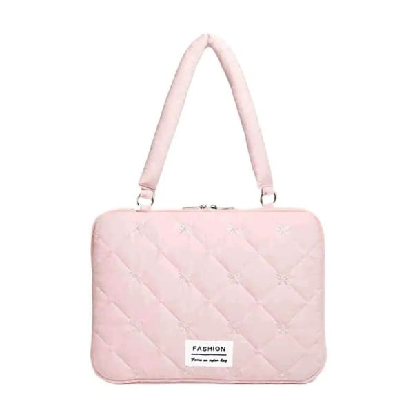 Brašna na notebook přes rameno prošívaná s mašličkami a zipem 39 x 29 cm textilní dívčí taška pro notebooky 15 palců do školy i práce růžová