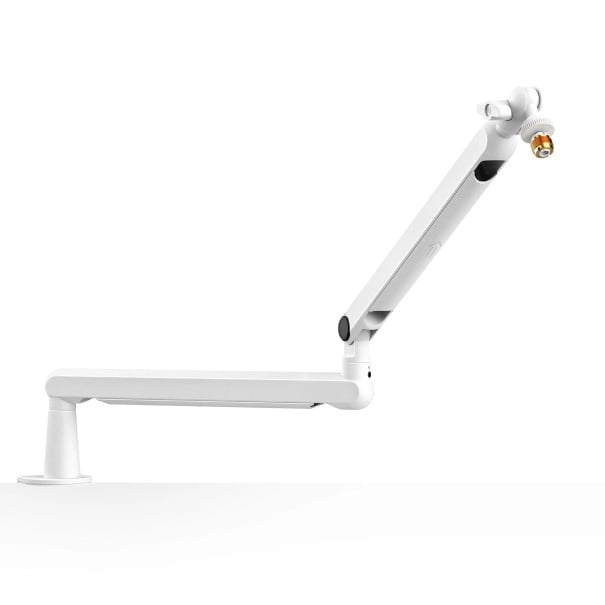 Braț pentru microfon cu suport de prindere pe masă, înclinare de 220 de grade și rotire de 360 de grade, filete de 1/4, 3/8 și 5/8 alb