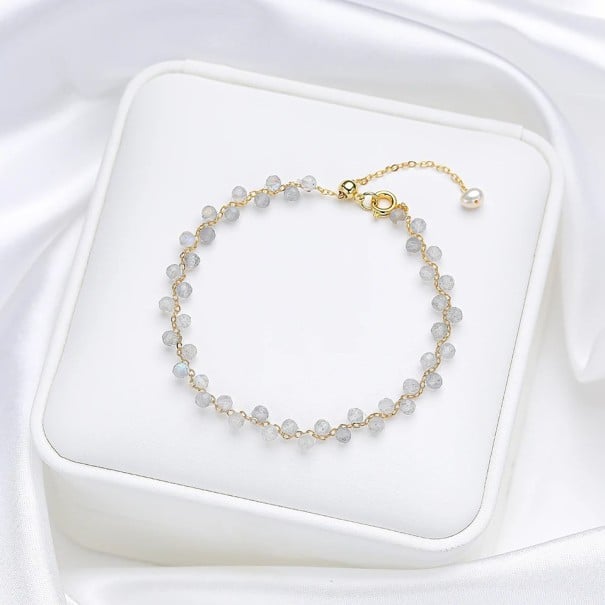 Brățară cu labradorit pentru femei, mărgele gri tăiate, lanț de culoare aurie 16 - 20 x 3 mm, piatră cu perlă decorativă, ajustabilă 1