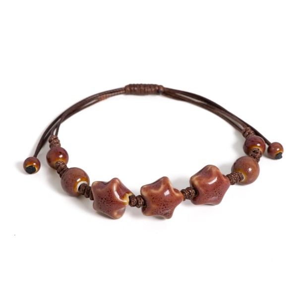 Brățară unisex din ceramică glazurată, handmade, cu stea, ajustabilă, șnur 12-24 cm, dimensiunea mărgelor stelei 1,6 cm maro