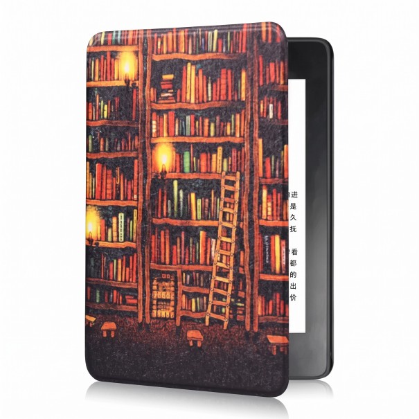 Brązowo-pomarańczowe etui flip 6 cali na Kindle 10. generacji 2019 z rysunkowymi półkami pełnymi książek i drabiną z paskiem i folią 1