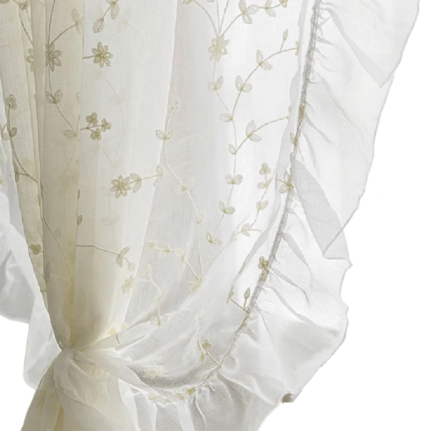 Breite Gardine mit Blumenstickerei und Volant, 200 × 260 cm, durchscheinender Leinenstoff, Ösen, weiß, für breite Fenster