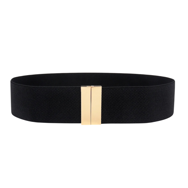 Breiter elastischer Damengürtel 65 x 5 cm Goldene Metallschnalle Eleganter Kleidergürtel Taillenformung Stilvolles Garderobenaccessoire schwarz