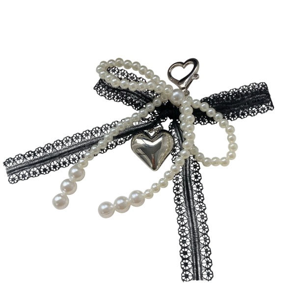 Breloc în formă de inimă 17 x 12 cm Imitatie de perle Aliaj de metal Fundiță din perle cu dantelă Pendent elegant pentru geantă negru