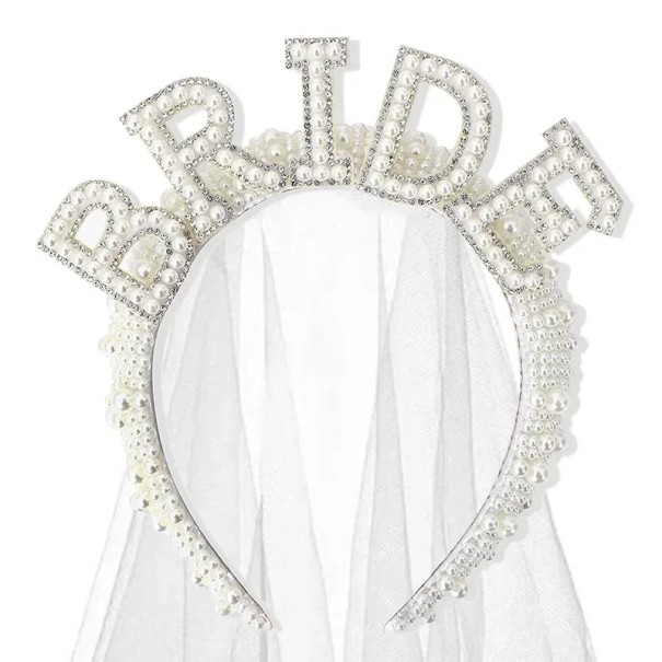 BRIDE Headband with Veil Pearl Wedding Headband for Bride White Decoration for Hen Party 1