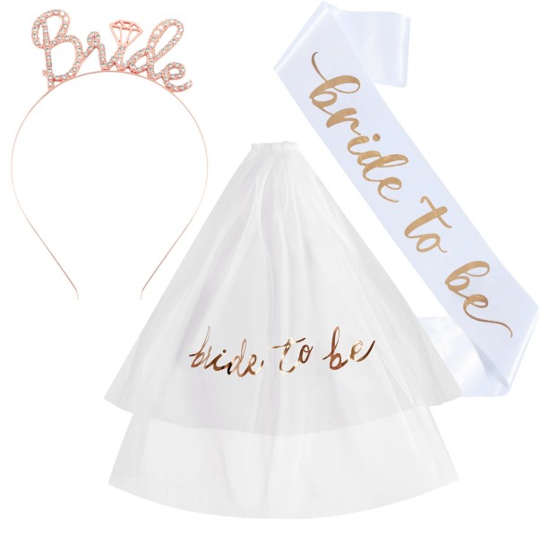 BRIDE TO BE Party Set Haarreif Bride Schleier mit Aufschrift und Schärpe Spaßaccessoire für die Junggesellenabschied Rose gold