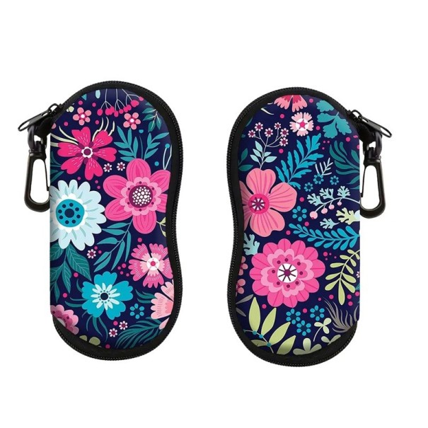 Brilleetui 17,9 x 8,5 cm Lynlås med karabinhage Farverigt blomstermønster Brillebeskyttelse Designeretui til rejser og derhjemme rosa