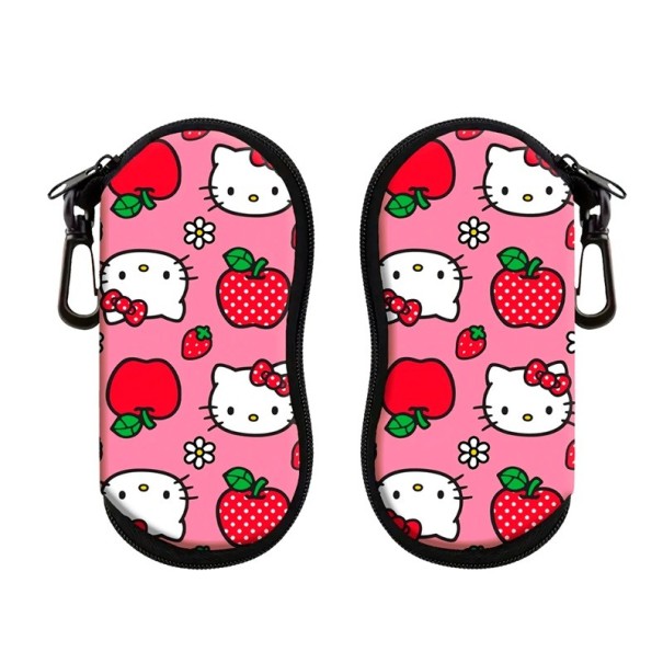 Brillenkoker 17,9 x 8,5 cm Roze koker met rits en karabijnhaak Beschermhoes met motief van een witte kat, aardbeien en rode appels 1