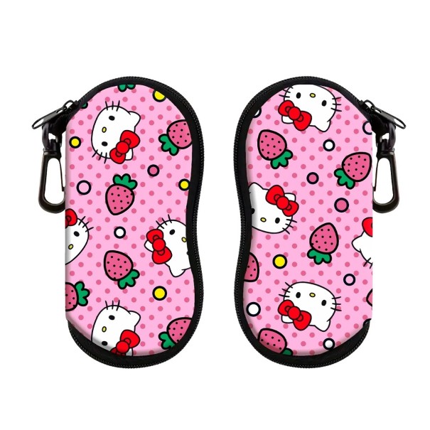 Brillenkoker 17,9 x 8,5 cm Roze koker met rits Karabijnhaak Beschermhoes met wit kat- en aardbeienpatroon 1