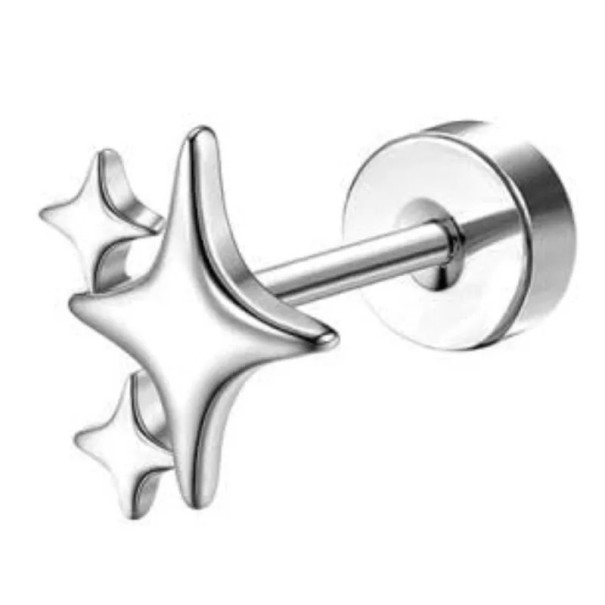 Brinco de piercing em prata com motivo de três estrelas 0,8 mm x 6 mm x 10 mm em aço inoxidável cirúrgico para orelhas sensíveis 1
