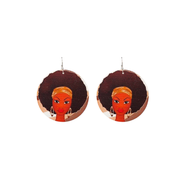 Brincos pendentes redondos com retrato de mulher 8x6 cm em madeira castanha e laranja acessório marcante para uso diário 1