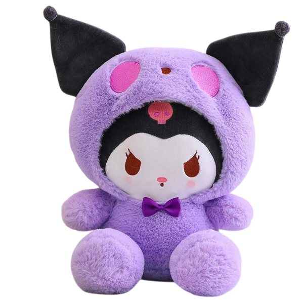 Brinquedo de peluche Kuromi 25 cm figura Sanrio com fato de ursinho roxo Peluche kawaii decorativo Presente para crianças e colecionadores 1