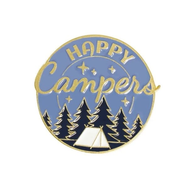 Bröj pin Happy Camper motiv tjän skog stjärnor runt metall blå guld tillbehör till ryggsäck kläder turism camping 1