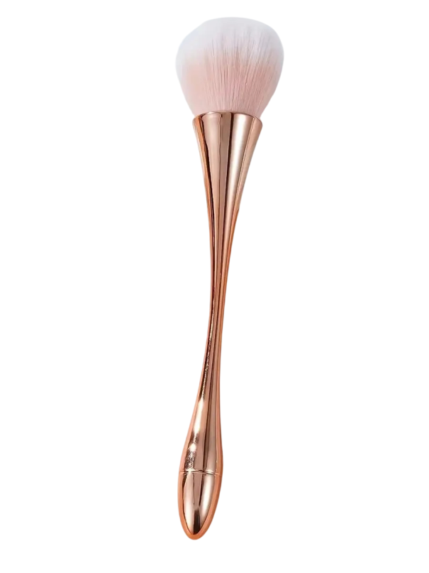 Brocha cosmética con forma de abanico dorado rosa, brocha para iluminar, rubor y polvos sueltos, brocha fijadora de maquillaje con mango de plástico 1