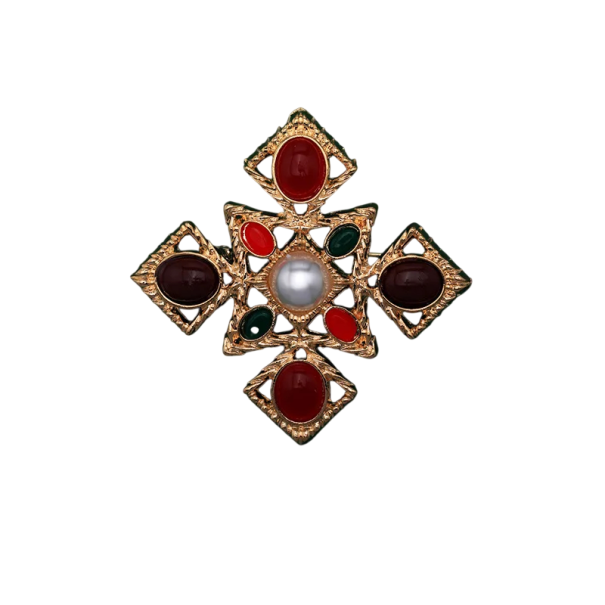 Broche barroca de moda 5,8 x 5,8 cm en color dorado y rojo Diseño geométrico rectangular hueco con piedras de adorno Aleación de zinc 1