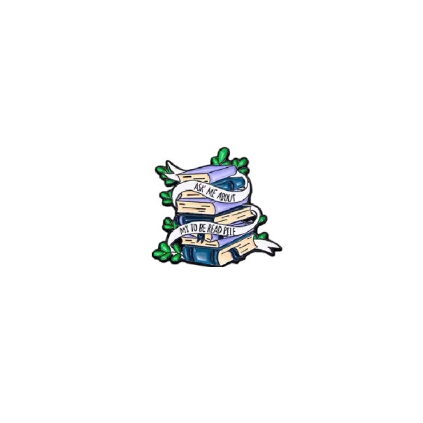Broche bøger ask me about my to be read pile metal pin ca. 3 x 2,8 cm flerfarvet badge med bånd og blade til tøj rygsæk 1