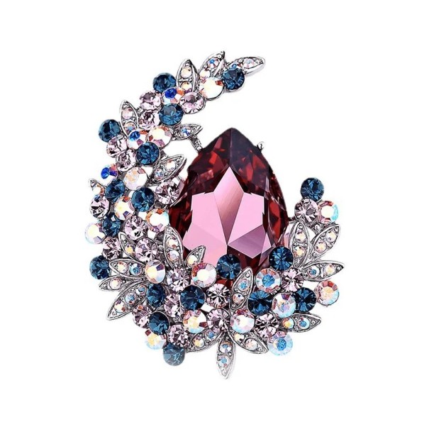 Broche de moda con gema en forma de gota y motivo lunar con mini piedras, elegante broche de joyería de aleación de zinc de calidad rosa