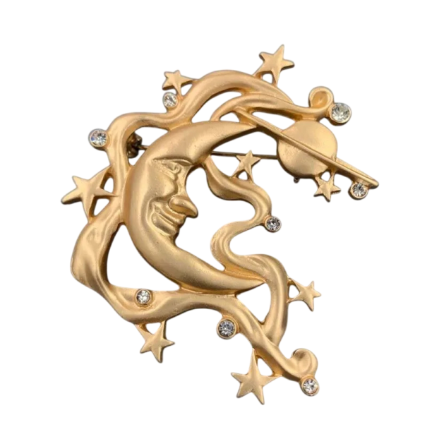 Broche décorative lune avec étoiles et planète pin insigne en métal doré design avec pierres décoratives accessoire pour vêtements sac à dos revers bijou 1