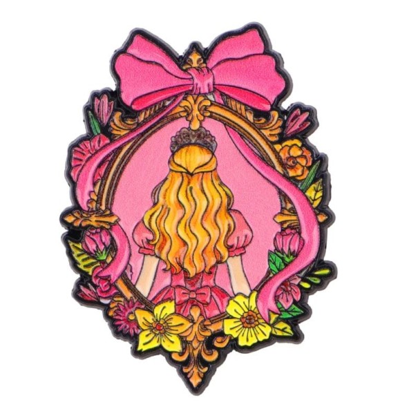 Broche émaillée princesse dans un cadre floral environ 3,6 x 2,7 cm insigne en métal rose motif dessiné accessoire pour sac à dos vêtements 1