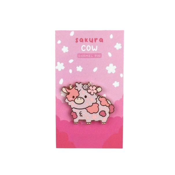 Broche émaillée vache dessinée fleurs de sakura motif floral insigne en métal design rose et blanc style fantasy accessoire pour sac à dos vêtements 1