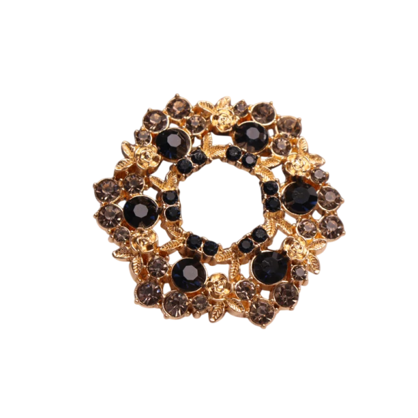 Broche escuro luxuoso Coroa redonda com pedras de flores e folhas Tons de outono preto vinho dourado Liga de zinco 4