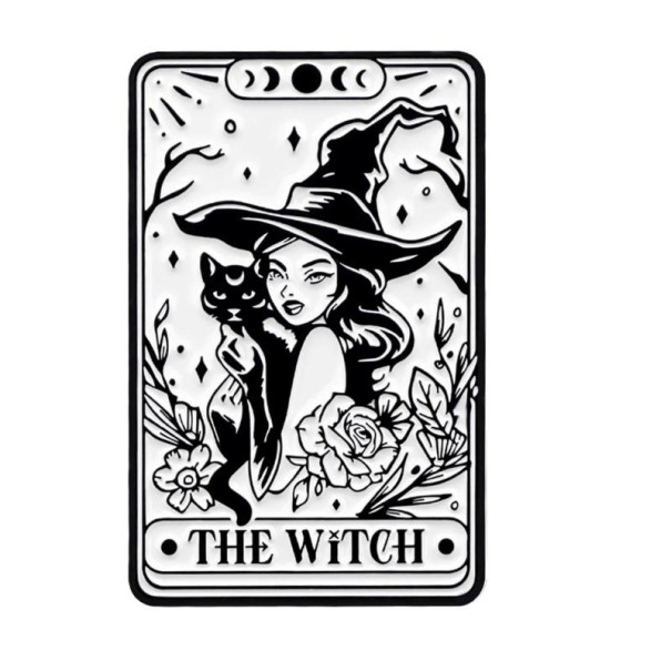 Broche gato preto e branco com bruxa cca 3,3 x 3,1 cm emblema com motivo The Witch e design de cartas para mochila roupa 1