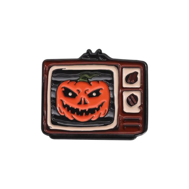 Broche metálico de televisão com abóbora aproximadamente 3 x 2,5 cm pin emblema laranja e preto Halloween horror motivo assustador acessório para mochila roupa 1