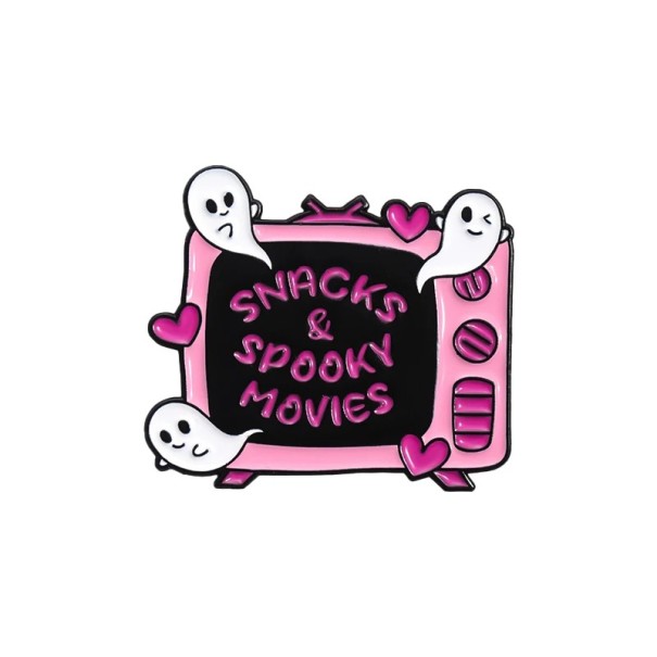 Broche metálico de televisão com fantasmas aproximadamente 2,8 x 2,5 cm pin distintivo rosa e preto Halloween motivo assustador acessório para mochila roupa 1
