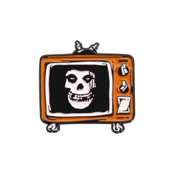 Broche metálico retro televisão com caveira motivo de horror cca 2,8 x 3 cm pin distinção decoração laranja preta para roupa mochila 1