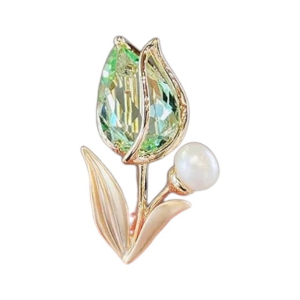 Broche mini mode Tulipe en cristal Motif floral végétal Élégant accessoire de bijou délicat avec des pierres scintillantes vert