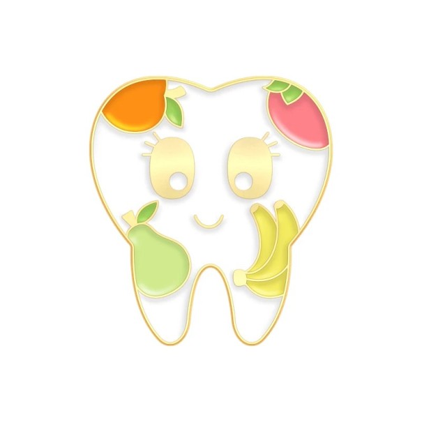Broche pin dent avec fruit insigne métallique blanc pour vêtements sac à dos sac accessoire stylé avec motif de dent et fruits colorés 1