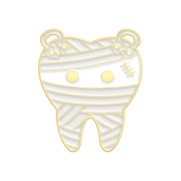 Broche pin dente múmia metálico branco distintivo para roupa mochila mala acessório estiloso com ligaduras e motivo de dente adorável 1