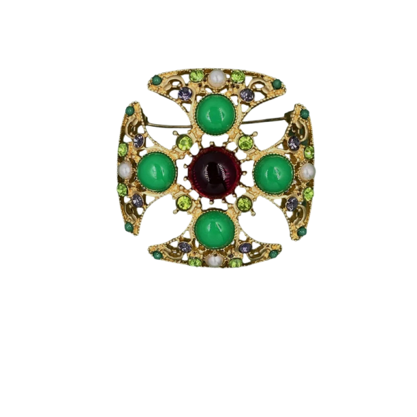 Broșă barocă verde elegantă 4,7 x 4,7 cm / 4,7 x 4,3 cm cu pietre perlate din aliaj de zinc 2