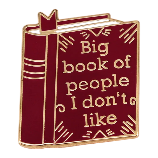 Broșă carte Big book of people I don’t like pin metalic roșu insignă aurie cu text pentru îmbrăcăminte rucsac accesoriu 1