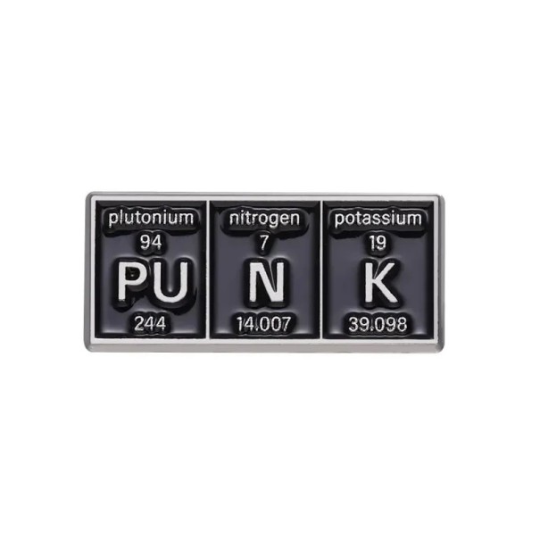 Broșă chimică PUNK tabel periodic cca 3 x 1,3 cm insignă metalică neagră pentru îmbrăcăminte rucsac geantă motiv științific 1