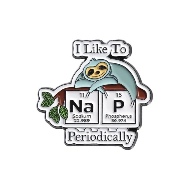 Broșă I Like To Na P Periodically lenochod cca 2,8 x 2,8 cm insignă metalică multicoloră pentru îmbrăcăminte rucsac geantă motivul tabelului periodic 1
