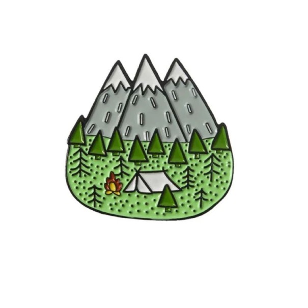 Broșă insignă pin munți pădure cort și foc motiv aventură în aer liber accesoriu metalic multicolor pentru rucsac îmbrăcăminte drumeție camping 1