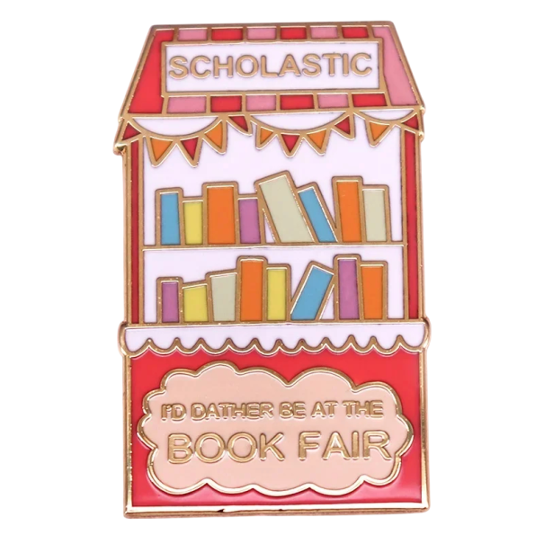 Broșă metalică bibliotecă cu inscripții Scholastic Book Fair pin colorat pentru îmbrăcăminte rucsac motiv bibliotecă 1