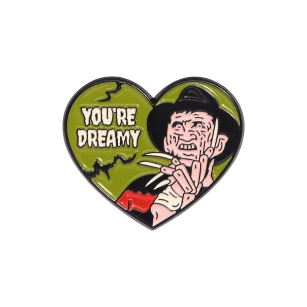 Broșă metalică cu personaj de groază în formă de inimă cca 3 x 2,5 cm pin insignă multicoloră cu textul You’re Dreamy Halloween accesoriu 1
