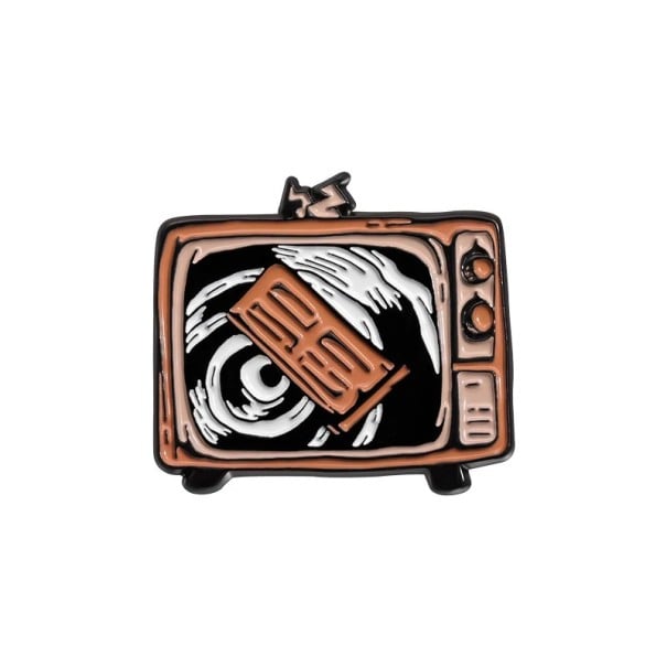 Broșă metalică televizor cu uși cca 3 x 2,5 cm pin insignă maro-neagră Halloween horror motiv înfricoșător accesoriu pentru rucsac îmbrăcăminte 1