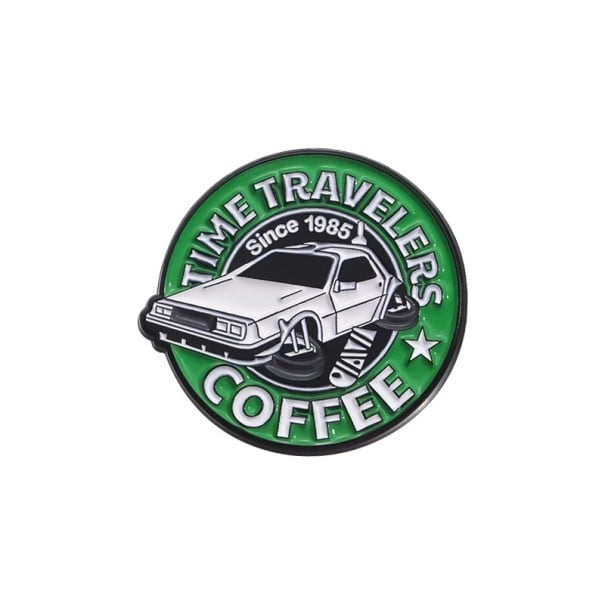 Broșă metalică Time Travelers Coffee auto cca 3 x 2,8 cm verde multicolor insignă pentru îmbrăcăminte rucsac geantă motiv retro 1