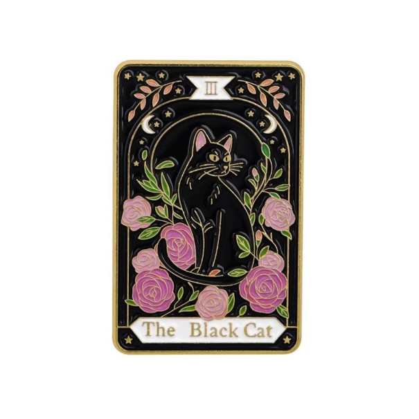 Brosh svart katt med blommor ca 3,3 x 3,1 cm färgad pin med ram och texten The Black Cat för ryggsäck kläder tillbehör 1