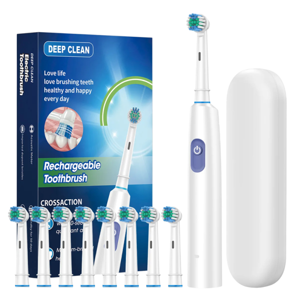 Brosse à dents électrique rotative pour adultes Blanchiment des dents Tête ronde 3D Poils doux Brosse rechargeable 8 têtes de rechange Nettoyage efficace blanc