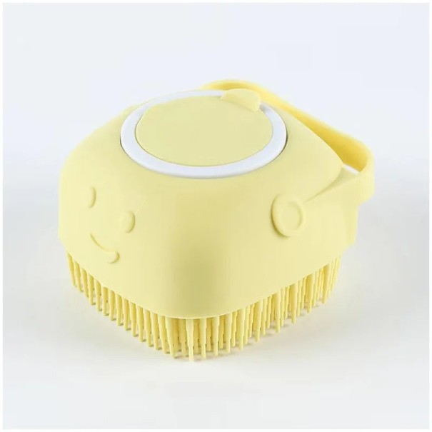 Brosse de bain massante carrée avec un sourire pour chiens et chats 8x8.5x5.5cm Brosse de démêlage avec réservoir de shampooing Brosse de lavage pour poils Poignée ergonomique jaune