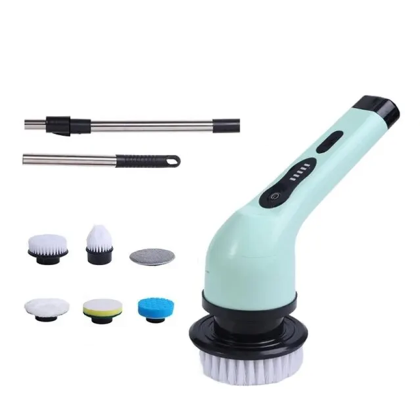 Brosse électrique rotatif sans fil 125 cm avec tige télescopique 6 têtes 3000mAh chargement USB-C brosse de nettoyage en matériau ABS vert