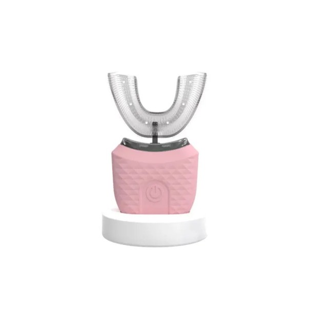 Broyeur de dents électrique en forme de U 360° avec lumière bleue Brosse à dents rechargeable intelligente pour adultes avec effet blanchissant 11,5 x 6 x 2,5 cm rose